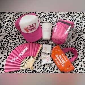 Tarte x Dunkin Collab set-Glove, Bag, Trucker Hat, cup, fan, (2) Charms - NWT 🩷